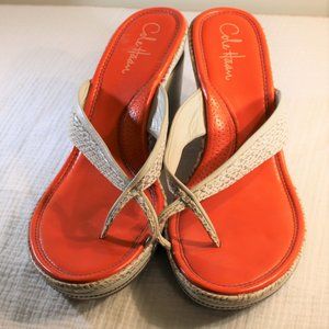 Cole Haan white snake skin criss cross toe sandal